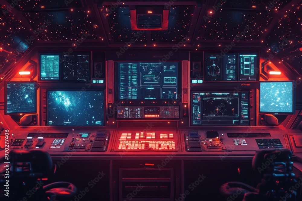 Poster futuristic 8-bit pixel space station with monitors and open console for copy space