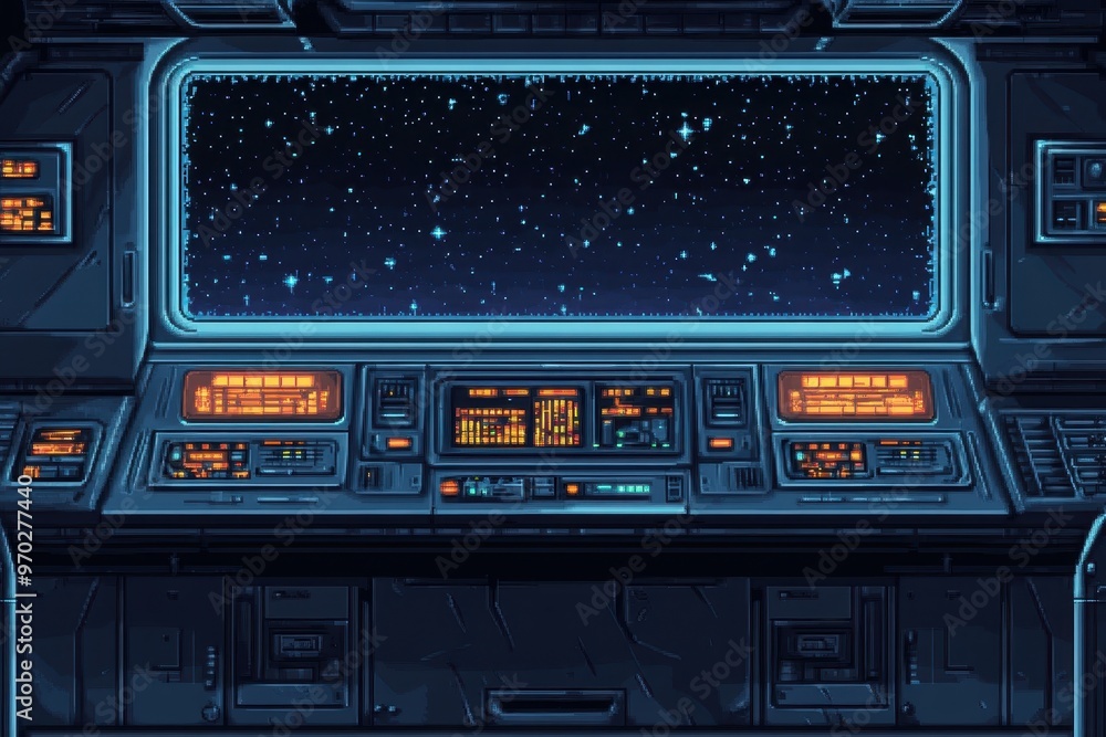 Poster futuristic 16-bit pixel space station with glowing buttons on empty background for copy space