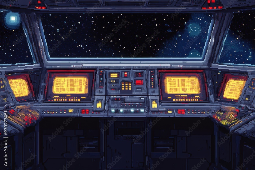 Poster futuristic 16-bit pixel space station with glowing buttons on empty background - copy space availabl