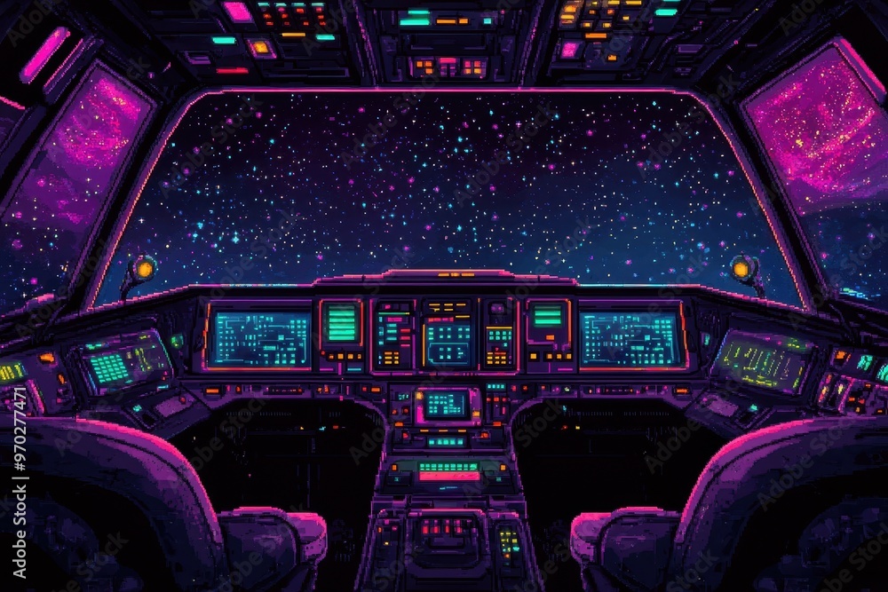Poster futuristic 16-bit pixel space station with glowing buttons on empty background for copy space