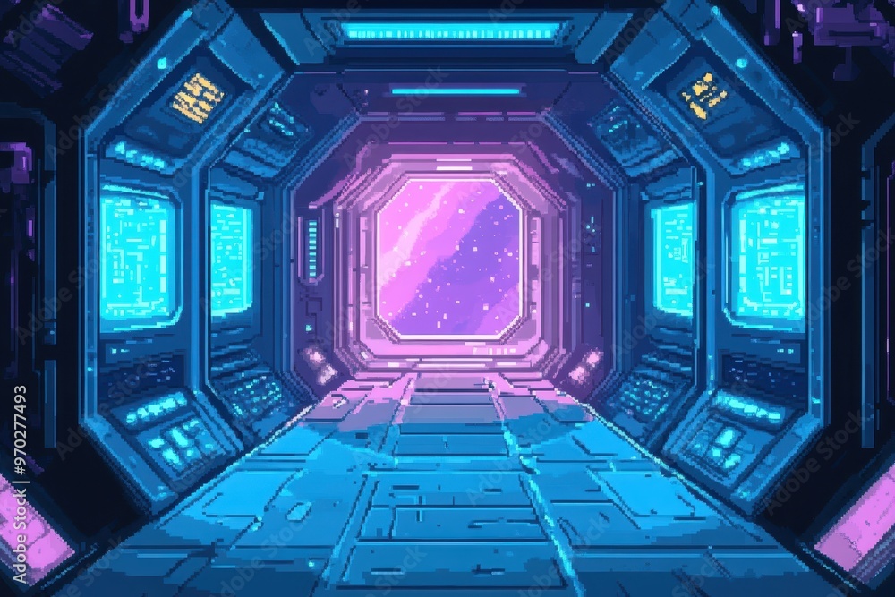 Poster futuristic pixelated space station corridor with alien writing and clear walls for text space.