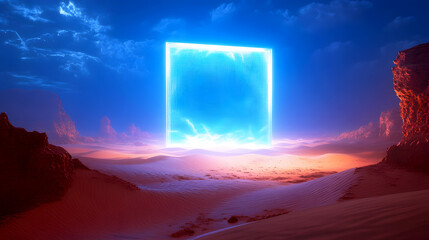 Beautiful abstract landscape of a door leading to a calm ocean with blue sky and fluffy clouds at sunset