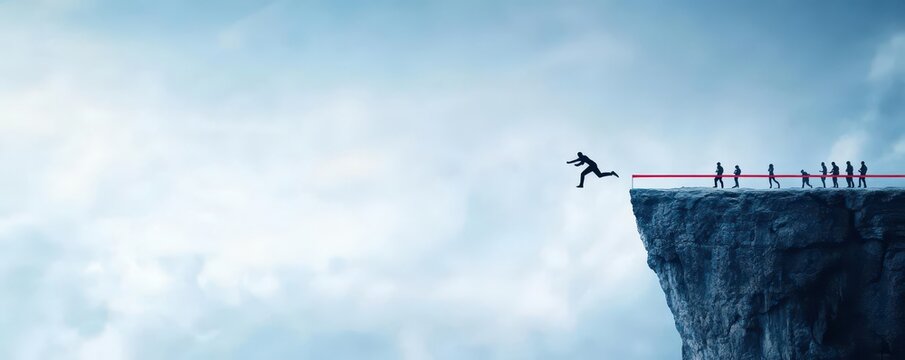 A finish line located at the edge of a cliff, where a daring, risktaking leader leaps forward with no fear, while others watch in awe