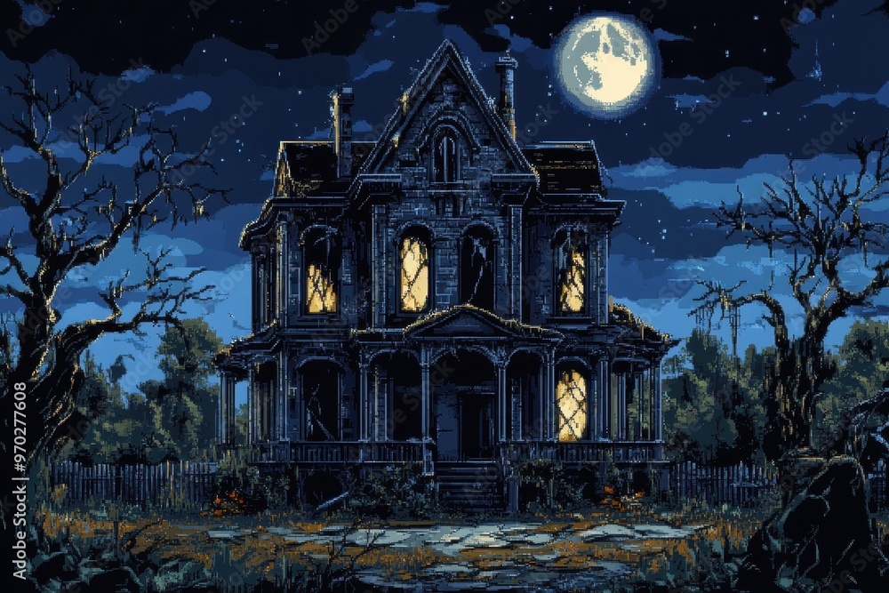 Poster retro 8-bit pixel haunted mansion with broken windows in clear night sky background for text overlay