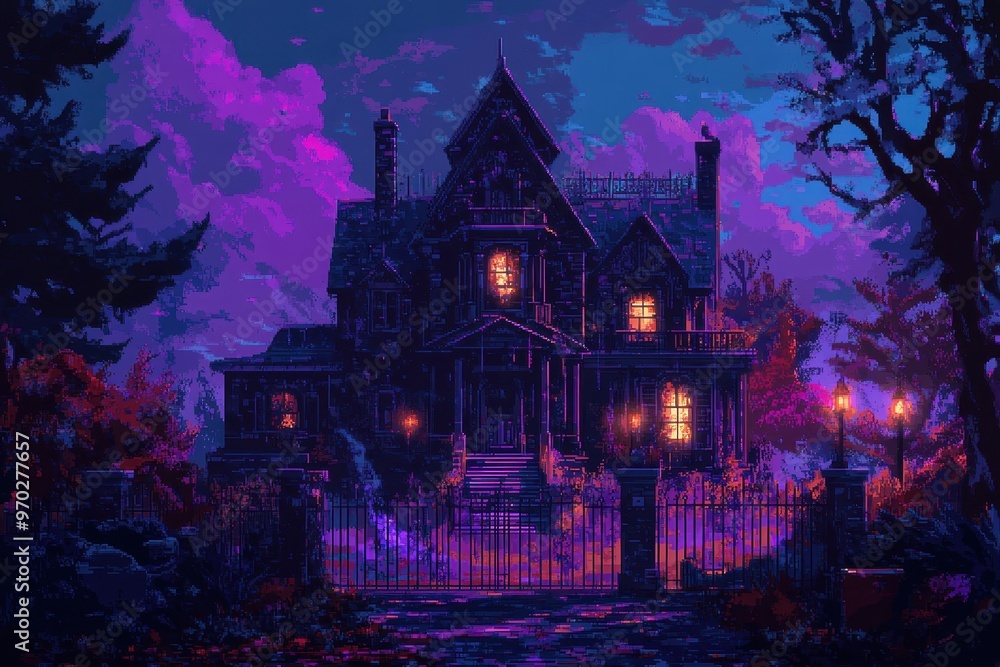 Poster spooky 16-bit pixel mansion illuminated by eerie lights under an open sky - retro video game style b