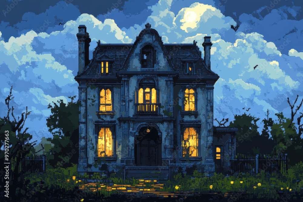 Aufkleber mystical 16-bit pixel mansion illuminated by eerie lights with open sky for text overlay
