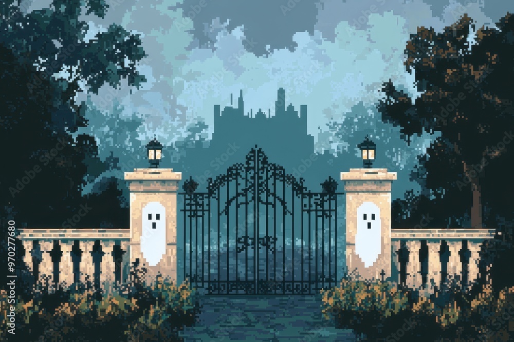 Poster spooky pixelated mansion gate with ghostly pixels on blank background for copy space