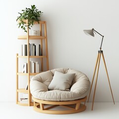 Cozy seating area with a round chair, bookshelf, and lamp for relaxation and reading.