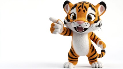 A cheerful cartoon tiger character pointing, designed for fun and engagement.