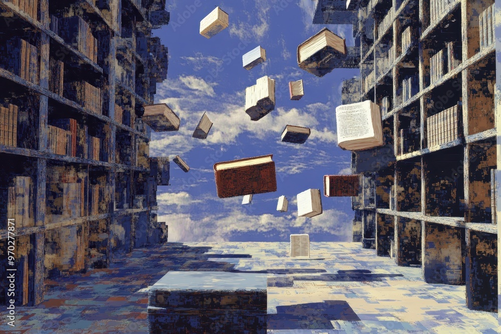 Poster digital ghostly library with levitating books and copy space for text.