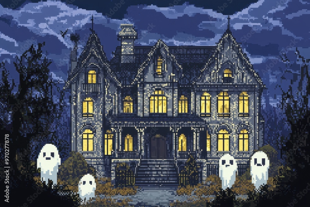 Aufkleber retro 8-bit mansion haunted by pixel ghosts - vintage video game style background with copy space fo
