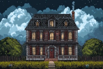 Obraz premium Retro 8-Bit Mansion Haunted by Pixel Ghosts - Vintage Video Game Style Illustration with Copy Space