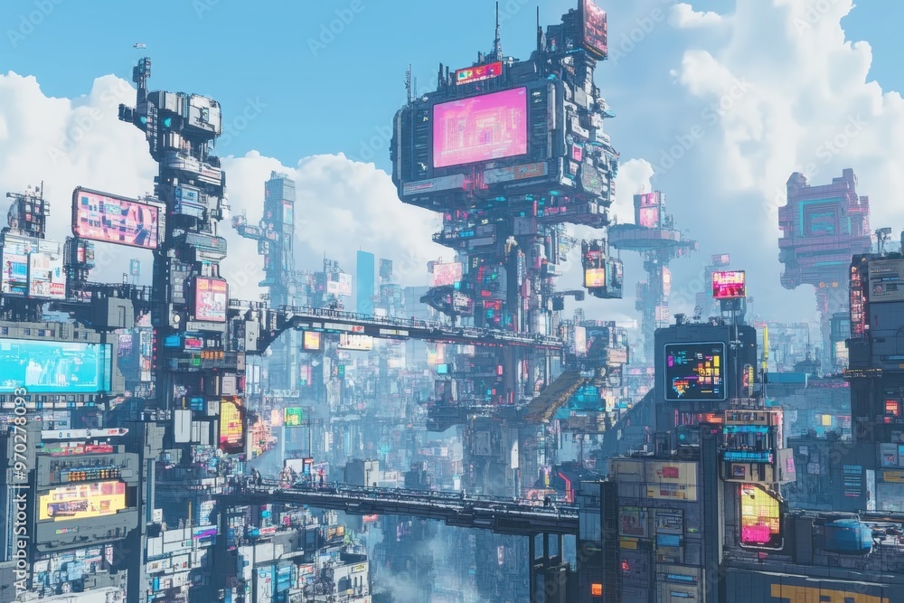 Poster futuristic 16-bit cyberpunk cityscape with pixelated billboards and empty sky for copy space