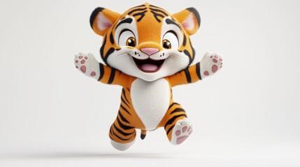 A cheerful cartoon tiger plush toy jumping with joy.