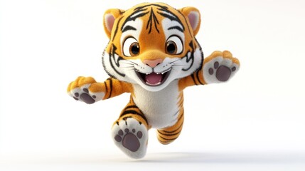 A cheerful cartoon tiger plush toy running playfully.