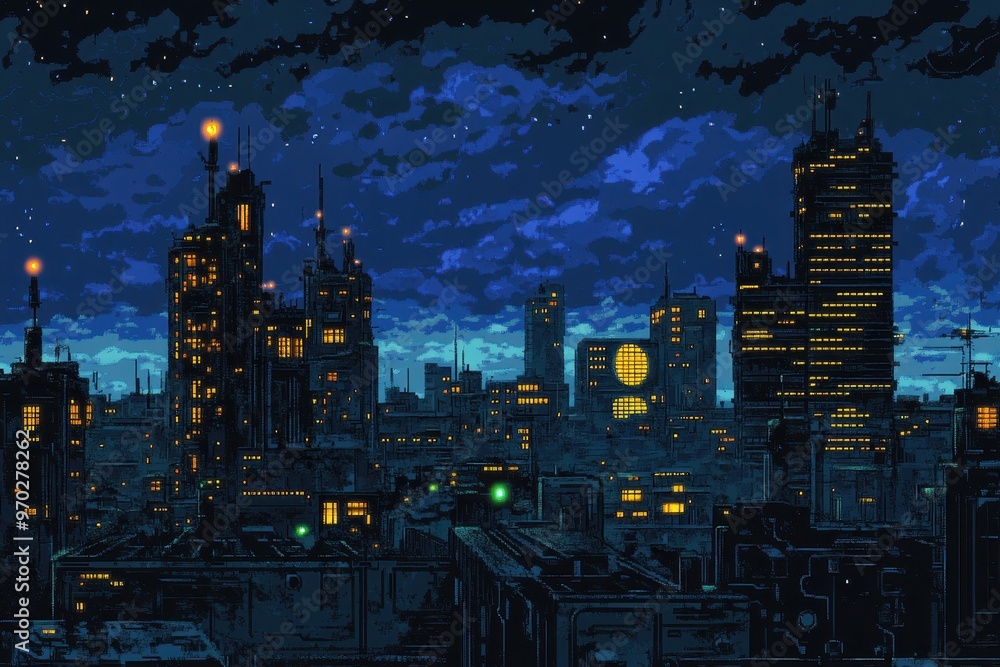 Poster retro cyberpunk rooftop in 16-bit pixel style with neon glow and copy space under open sky