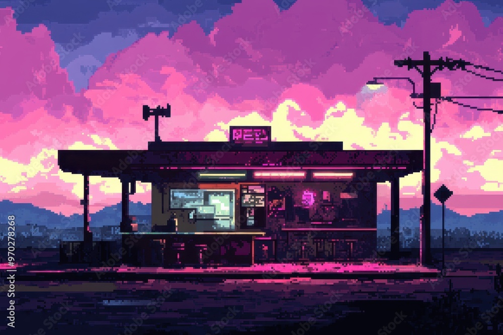 Poster futuristic cyberpunk rooftop scene with neon glow and copy space for text | 16-bit pixel art illustr