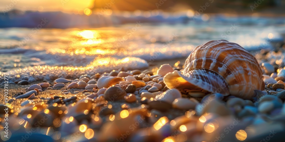Aufkleber moon snail shell on seashore with shallow depth of field