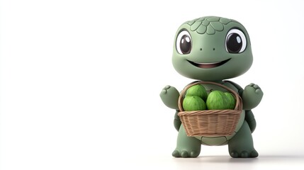 A cheerful cartoon turtle holds a basket of green fruits, smiling happily.