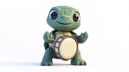 Naklejka premium A cheerful cartoon turtle playing a drum, showcasing a fun and playful character.