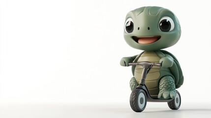 A cheerful cartoon turtle riding a small scooter, conveying fun and playfulness.