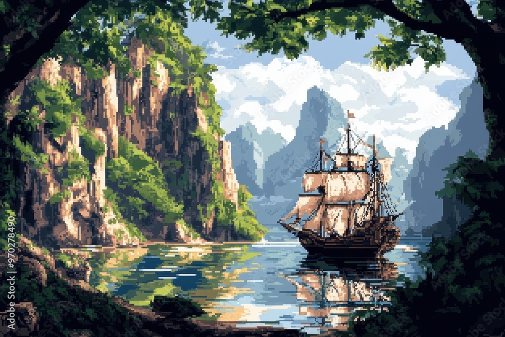 Poster 16-bit pixel pirate ship anchored in a cove with copy space for text - nostalgic retro gaming concep