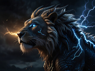 Naklejka premium A majestic lion-dragon hybrid roars in a stormy sky background.