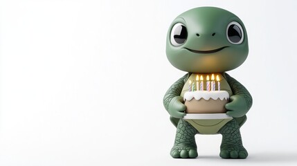 Obraz premium A cheerful turtle character holding a birthday cake with candles.