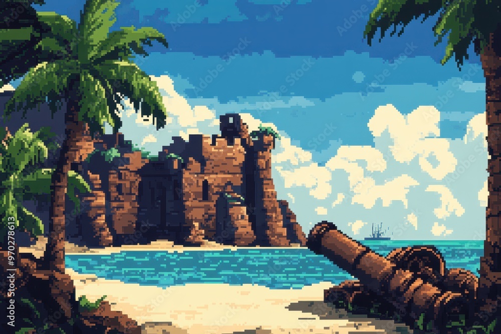 Poster pixel pirate cove: retro 8-bit scene with pixel cannon on beach background for text