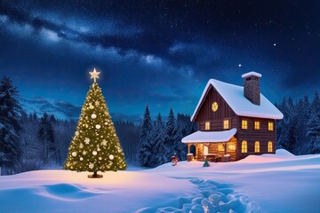 Fototapeta premium Enchanting Winter Scene Featuring Christmas Tree Beneath Starry Night Sky