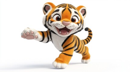 A cheerful, animated tiger cub running playfully with a big smile.