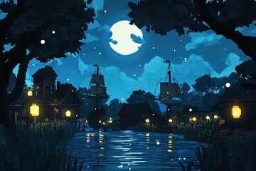 Retro 16-Bit Pirate Cove Illuminated by Pixel Lanterns at Night with Clear Sky for Copy Space