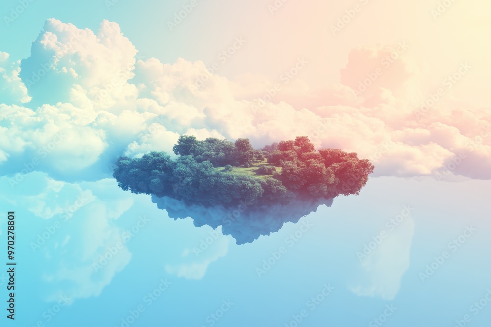 Poster pixelated floating sky island with clouds - minimalist digital art with copy space