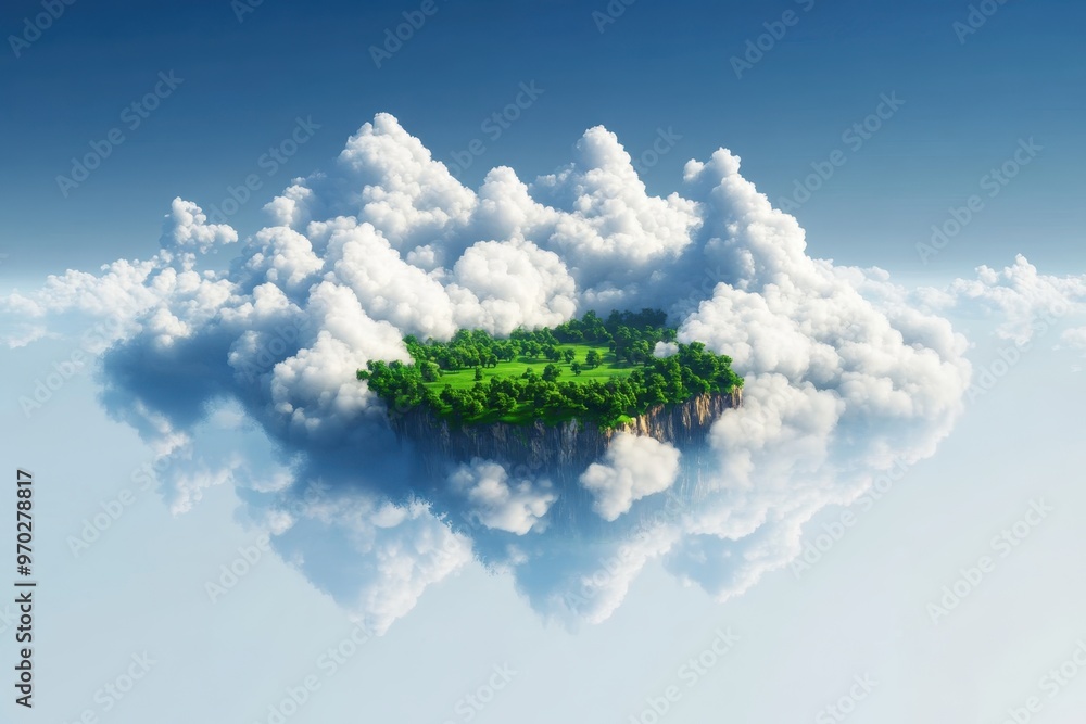 Poster surreal pixelated floating sky island with clouds and copy space.