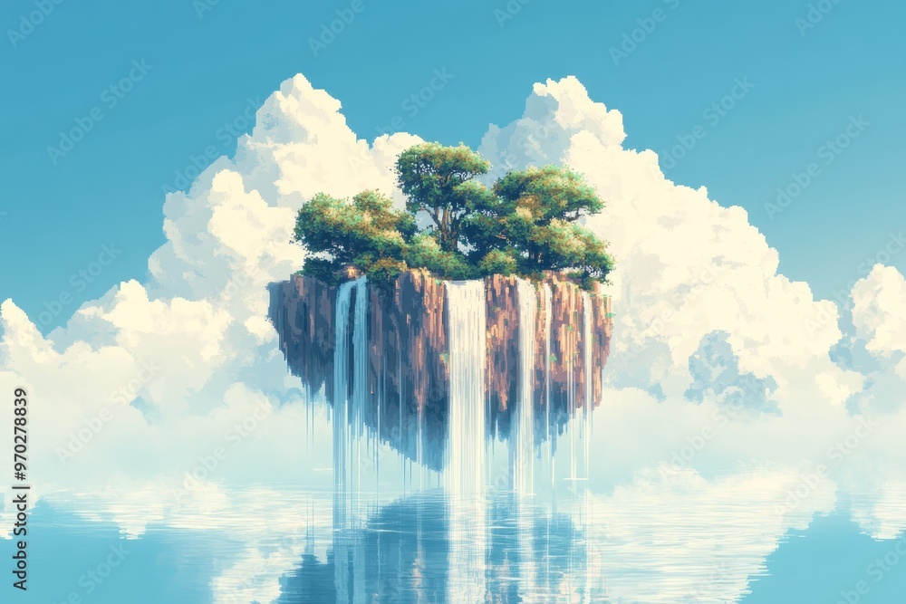Aufkleber retro 16-bit floating island with pixel waterfalls against a clear sky for message overlay