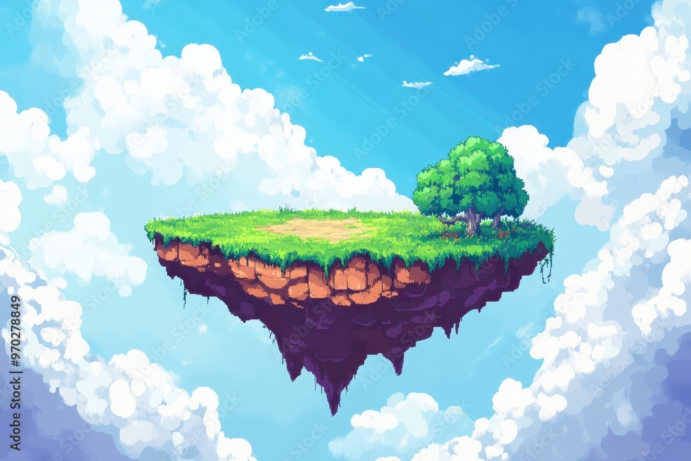 Poster pixelated floating sky island fantasy with copy space, abstract cloudscape background