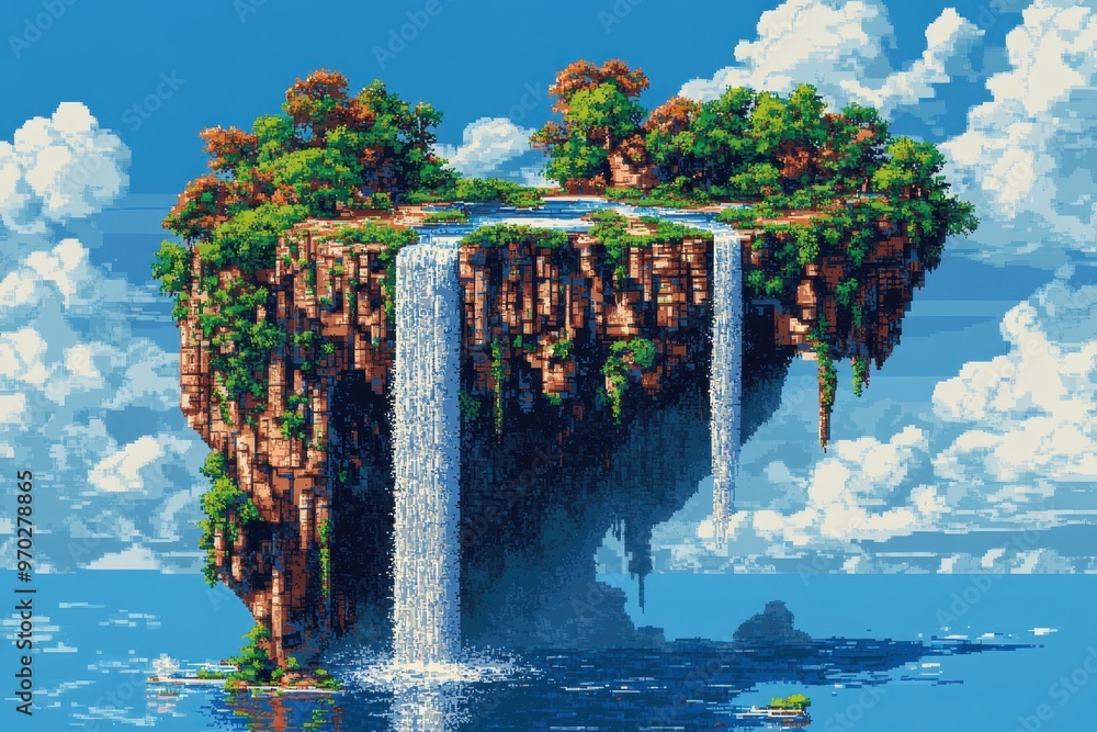 Aufkleber retro 16-bit floating island with pixel waterfalls and clear sky for text overlay