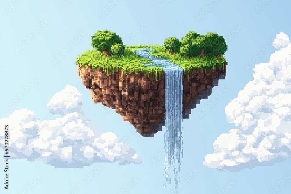 Poster peaceful 16-bit floating island with pixel waterfalls and clear sky background for text overlay