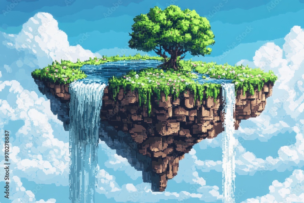 Poster tranquil 16-bit floating island scene with pixel waterfalls and clear sky for text overlay