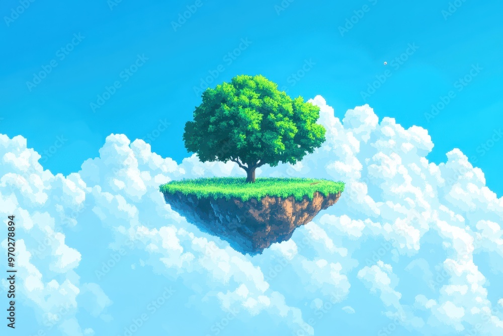 Poster retro 8-bit floating island with pixel trees and open cloud area for copy space