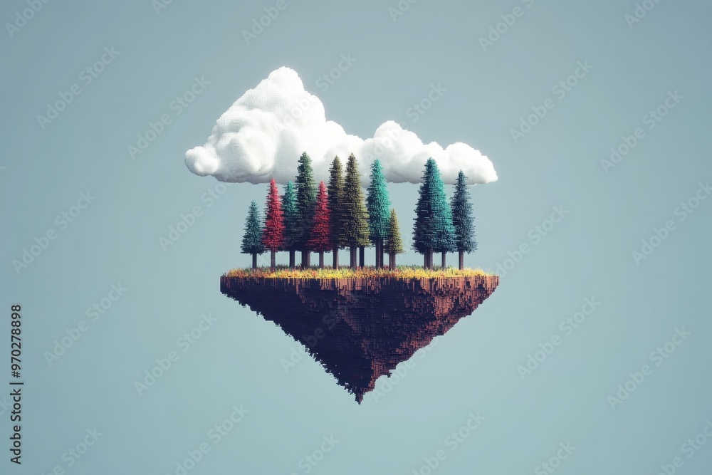Poster retro 8-bit floating island with pixel trees and cloudy copy space