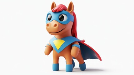 A colorful cartoon horse character dressed as a superhero, featuring a cape and mask.