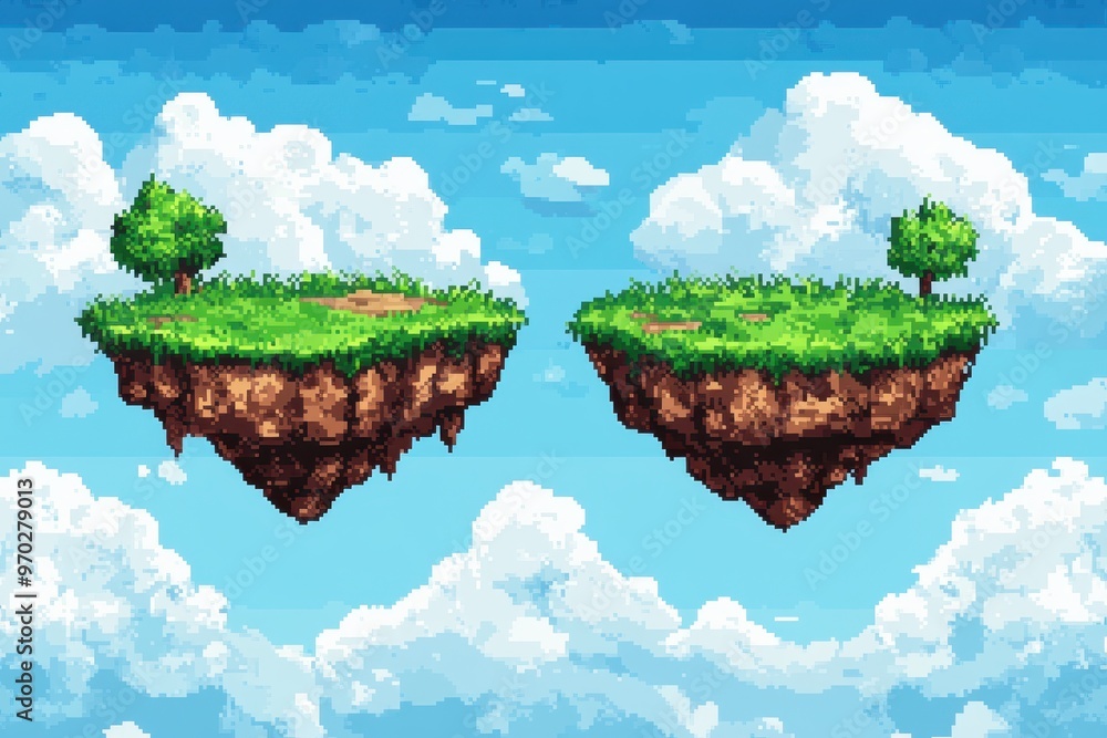 Poster retro 8-bit pixel art floating islands with clouds, copy space background