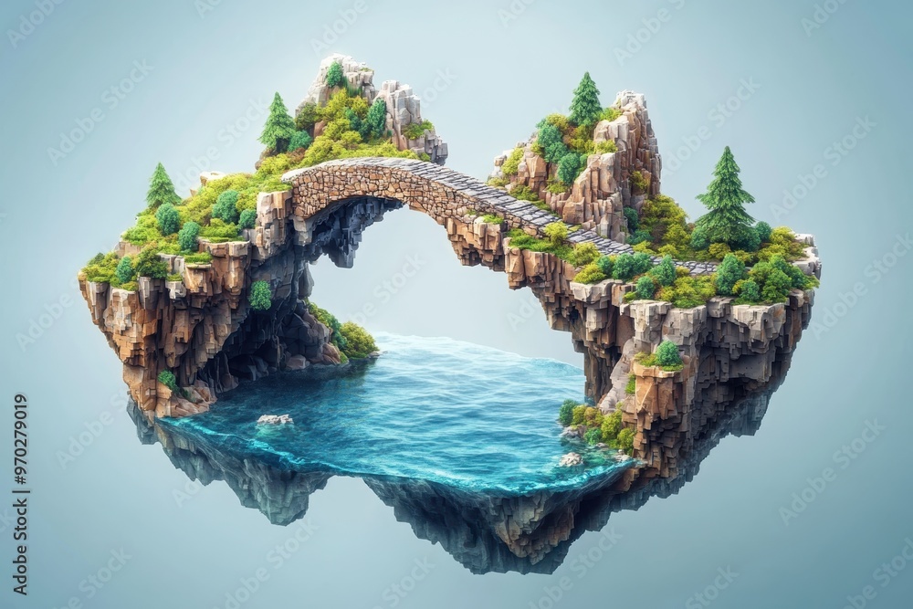 Poster futuristic pixelated floating island with pixel bridge on clear background for copy space