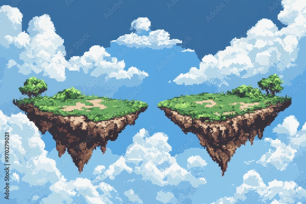 Poster retro 8-bit pixel art floating islands with clouds for copy space
