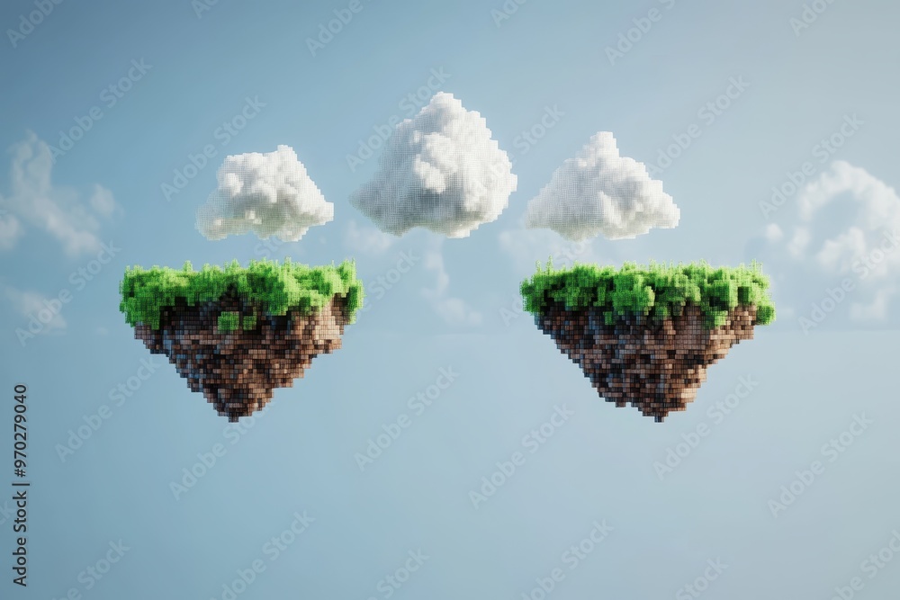Poster retro 8-bit pixel floating islands with clouds, creative copy space background