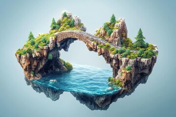Fototapeta premium Futuristic Pixelated Floating Island with Pixel Bridge on Clear Background for Copy Space