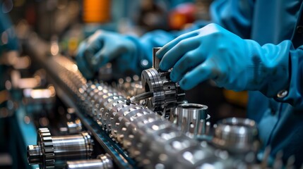 Close-up of a worker's hands adjusting machinery in an industrial factory, focused on precision tools