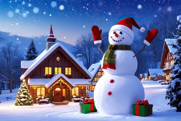 Naklejka premium Charming Winter Village with Snowman Celebrating Christmas and New Year Festivities