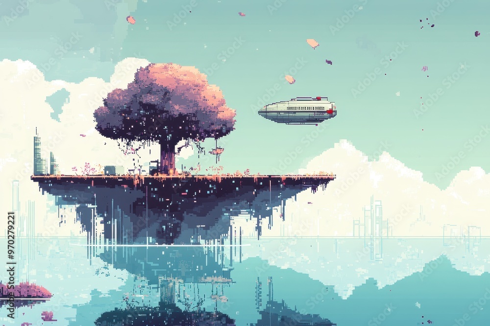Poster retro style 8-bit floating island with pixel airships, copy space for text